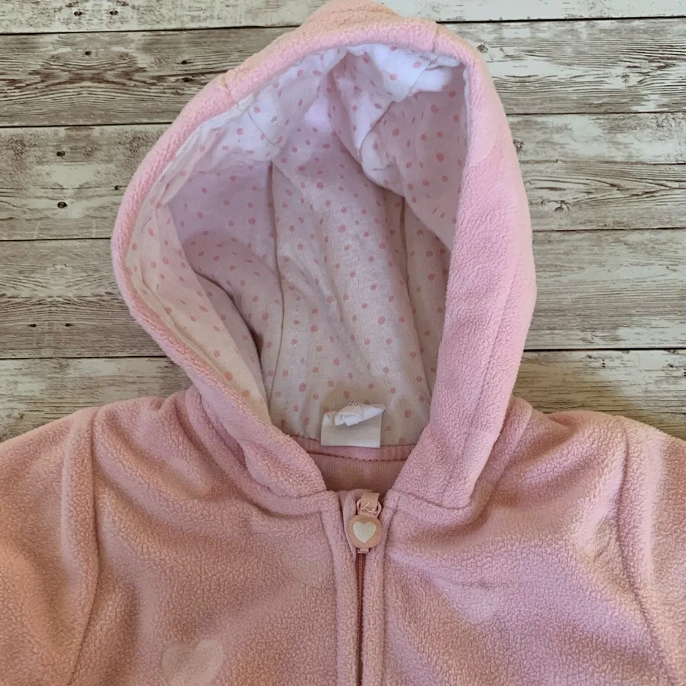 H&M Pink Heart Fleece Hooded Baby Infant Zip Up Onesie Bunting